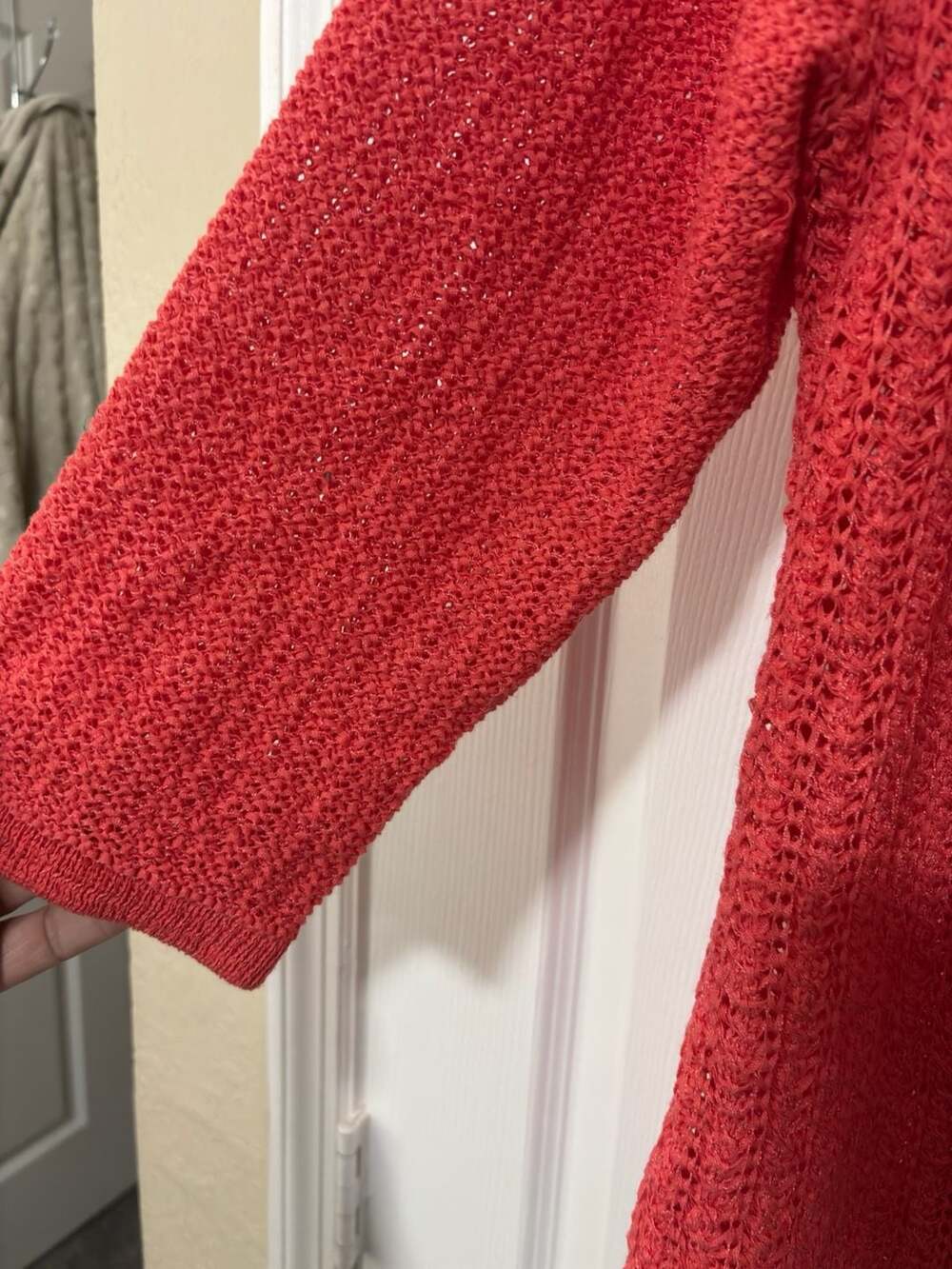 Coldwater Creek Open-Front Crochet Knit Cardigan in Coral - Picture 4 of 5